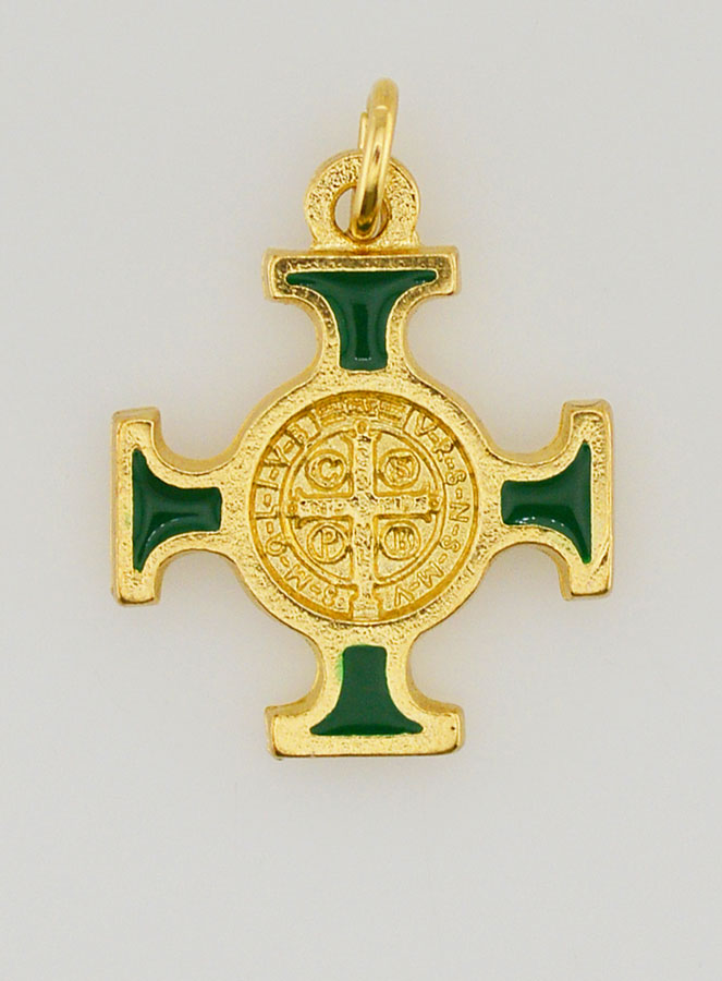 Pendentif Croix de Saint Benoit Dorée - Verte - 2cm (pic 1)