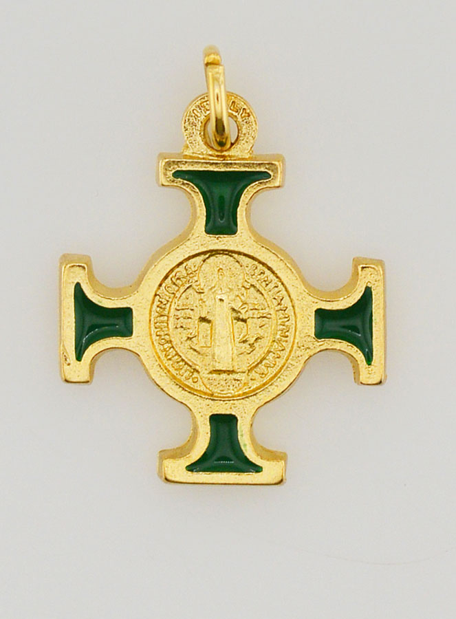 Pendentif Croix de Saint Benoit Dorée - Verte - 2cm (pic 2)