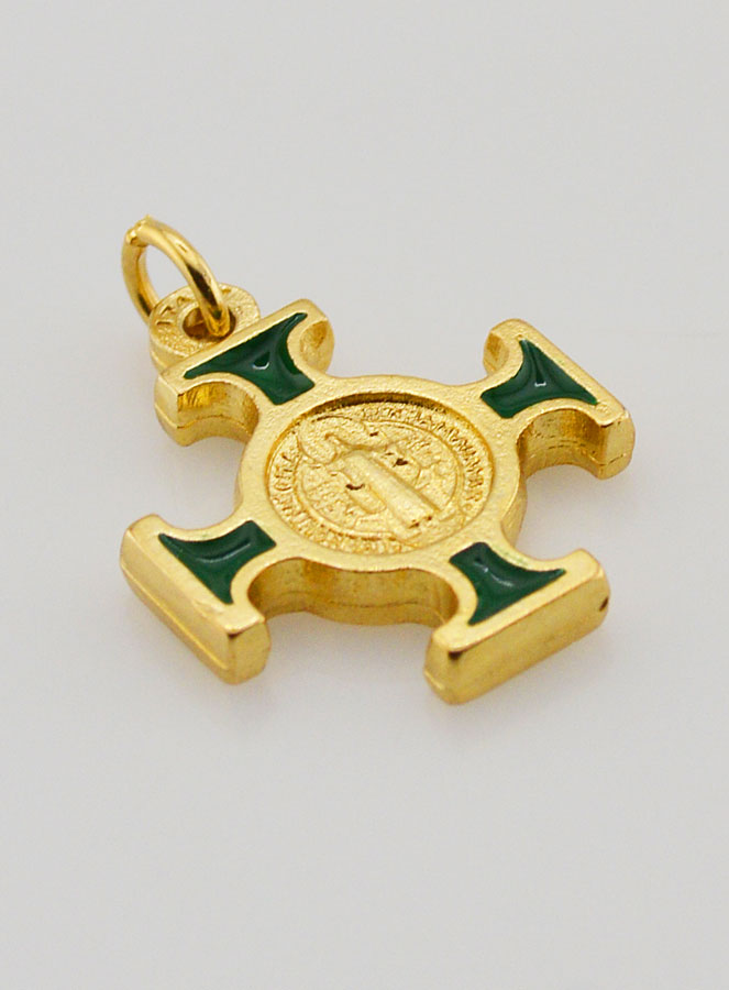 Pendentif Croix de Saint Benoit Dorée - Verte - 2cm (pic 3)