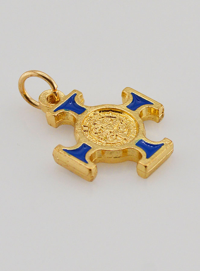 Pendentif Croix de Saint Benoit Dorée - Bleue - 2cm (pic 3)