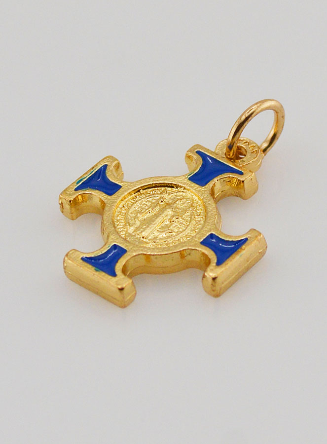 Pendentif Croix de Saint Benoit Dorée - Bleue - 2cm (pic 4)