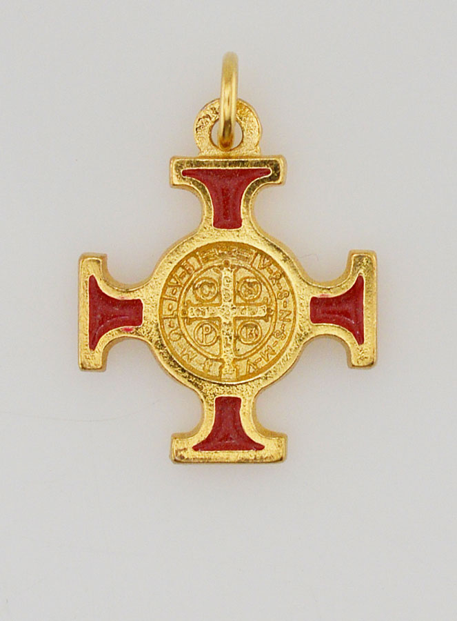 Pendentif Croix de Saint Benoit Dorée - Rouge - 2cm (pic 1)