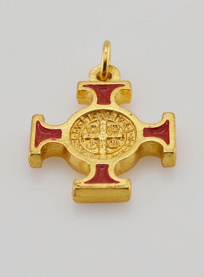 Pendentif Croix de Saint Benoit Dorée - Rouge - 2cm (pic 2)