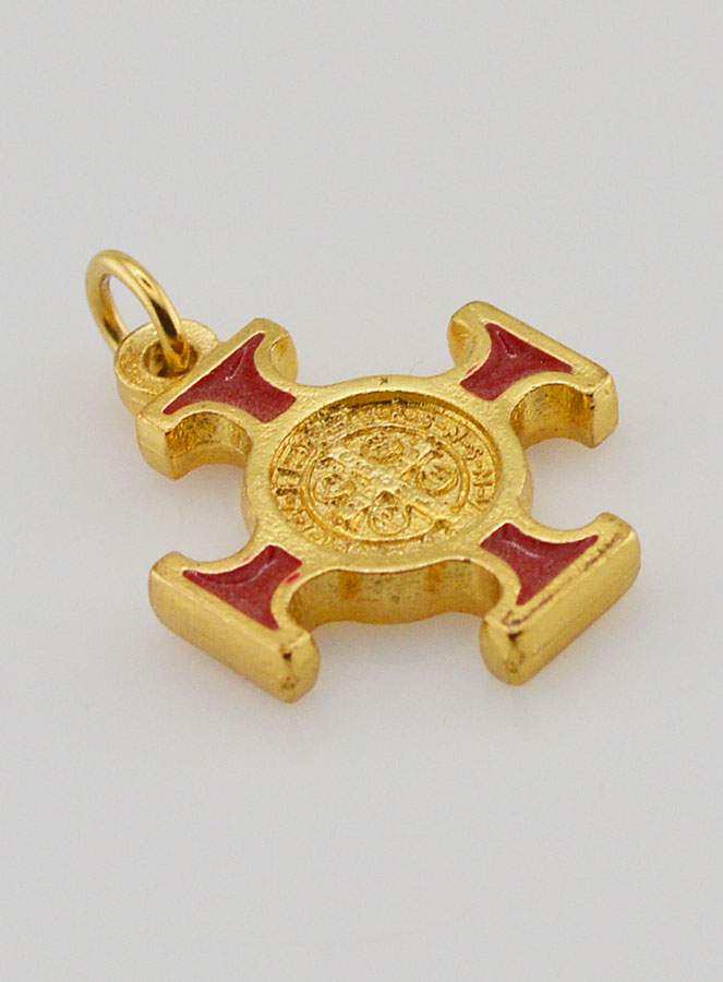 Pendentif Croix de Saint Benoit Dorée - Rouge - 2cm (pic 3)