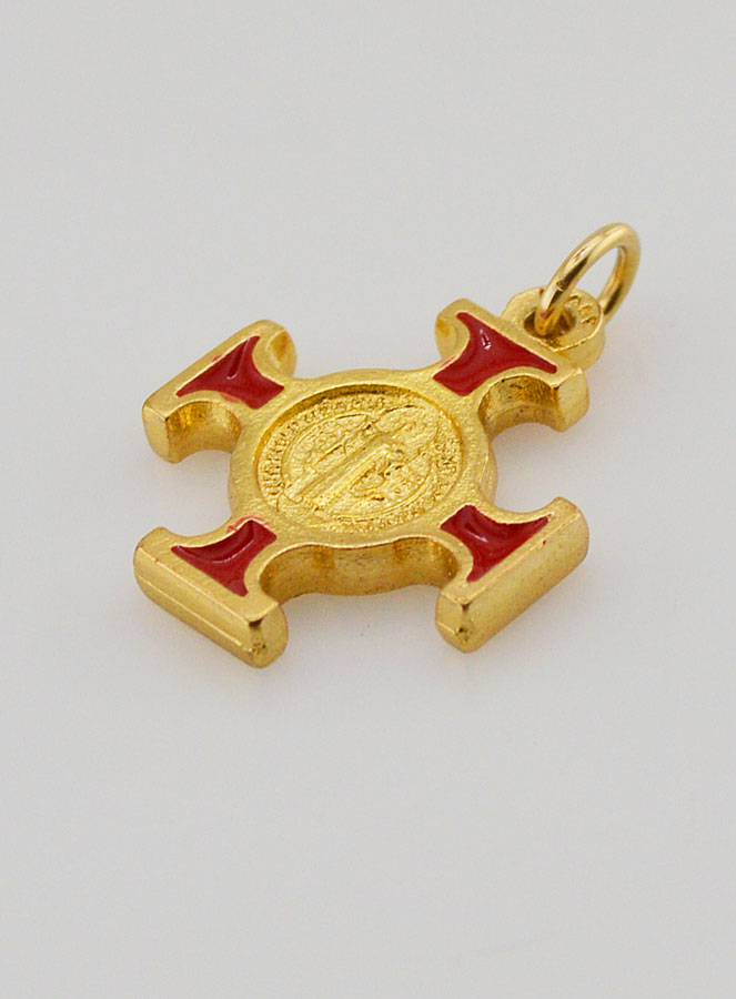 Pendentif Croix de Saint Benoit Dorée - Rouge - 2cm (pic 4)