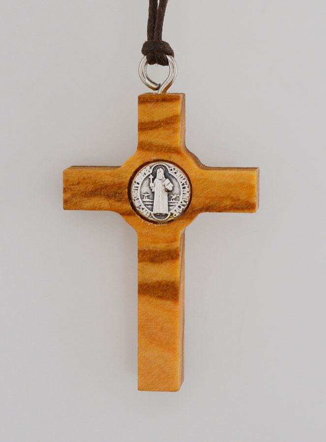 Pendentif Croix de Saint Benoit en Bois d'Olivier - 4,5cm (pic 4)