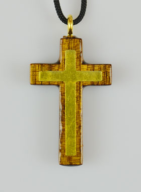 Pendentif Croix en Bois Vernis et Or - 3.8 cm (pic 1)