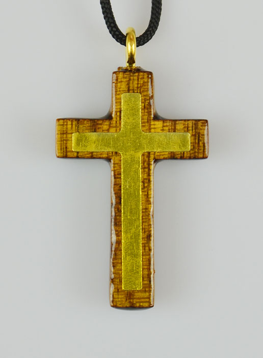 Pendentif Croix en Bois Vernis et Or - 3.8 cm (pic 2)
