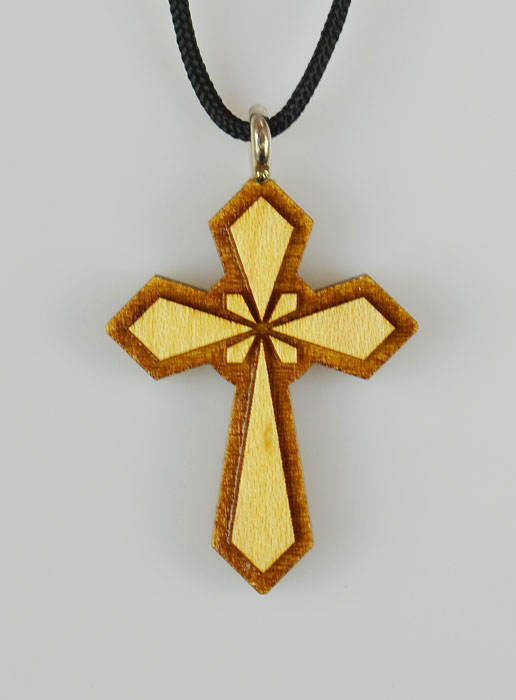 Pendentif Croix en Bois Vernis Fleuri - 3.5 cm (pic 2)