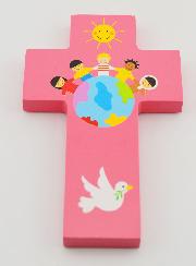 Croix en Bois Enfants du Monde Rose