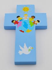 Croix en Bois Enfants du Monde Bleue