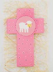 Croix Enfant en Bois Petite Brebis Rose - 12 cm