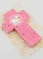 Croix Enfant en Bois Petite Brebis Rose - 12 cm