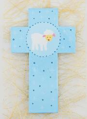 Croix Enfant en Bois Petite Brebis Bleu - 12 cm