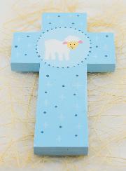 Croix Enfant en Bois Petite Brebis Bleu - 12 cm