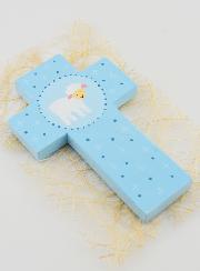 Croix Enfant en Bois Petite Brebis Bleu - 12 cm