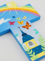Croix Enfant en Bois Eglise Papillons et Arc-en-ciel 15 cm