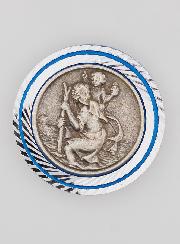 Plaque Auto de Saint Christophe Argenté et Liseré Bleu - 3.5 cm
