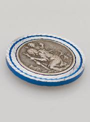Plaque Auto de Saint Christophe Argenté et Liseré Bleu - 3.5 cm