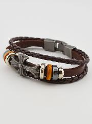 Bracelet Shamballa Cuir Marron et Croix Métal Fashion
