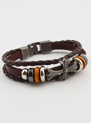Bracelet Shamballa Cuir Marron et Croix Métal Fashion