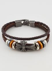 Bracelet Shamballa Cuir Marron et Croix Métal Fashion