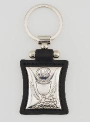 Porte-Clés Calice & Eucharistie en Cuir Noir et Médaille Argent