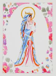 Carte de Baptême - Vierge Couronnée au Lys - Fleurs Rose