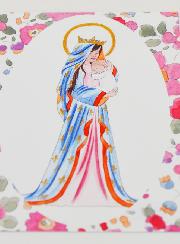 Carte de Baptême - Vierge Couronnée au Lys - Fleurs Rose
