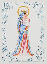 Carte de Baptême - Vierge Couronnée au Lys - Roses Bleu
