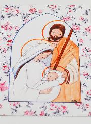Carte de Baptême - Sainte Famille - Fleurs Rose