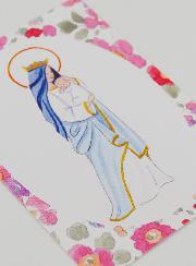 Carte de Baptême - Vierge Couronnée à l'Enfant Jésus - Fleurs Rose