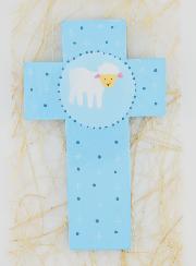 Croix en Bois Petite Brebis Bleu - Cadeau de Baptême