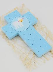 Croix en Bois Petite Brebis Bleu - Cadeau de Baptême
