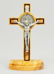 Crucifix de Saint Benoît en Bois d'Olivier sur Socle