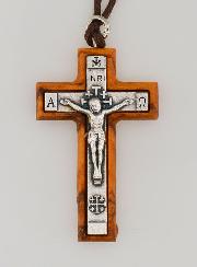 Pendentif Croix en Bois d'Olivier avec le Christ Argenté