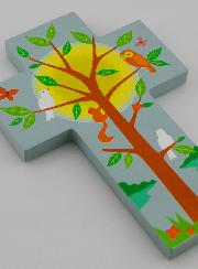 Croix Enfant en Bois - Arbre de Vie et Oiseaux