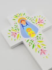 Croix de Baptême en Bois - Vierge de Tendresse