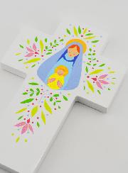 Croix de Baptême en Bois - Vierge de Tendresse