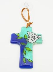 Croix Enfant en Verre - Colombe et Rameau 12cm