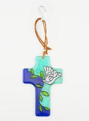Croix Enfant en Verre - Colombe et Rameau 12cm
