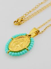 Médaille Miraculeuse + Chaîne - Perles Turquoises
