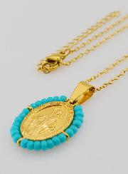 Médaille Miraculeuse + Chaîne - Perles Bleu Gris