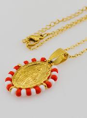 Médaille Miraculeuse + Chaîne - Perles Rouge & Blanc