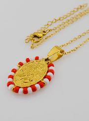 Médaille Miraculeuse + Chaîne - Perles Rouge & Blanc