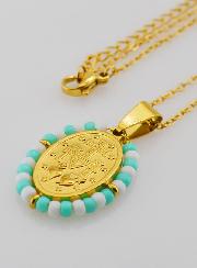 Collier Religieux & Miraculeuse - Perles Turquoises & Blanches