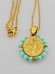 Collier Religieux & Miraculeuse - Perles Turquoises & Blanches