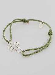 Bracelet Argent et Corde Verte - Croix Ajourée