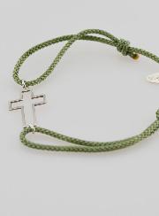 Bracelet Argent et Corde Verte - Croix Ajourée