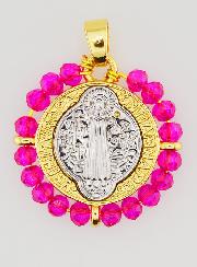 Médaille de Saint Benoît en Laiton & Verre Fuchsia